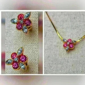 Avon vintage simulated Ruby necklace earrings set front 80s Gold tone with rubie